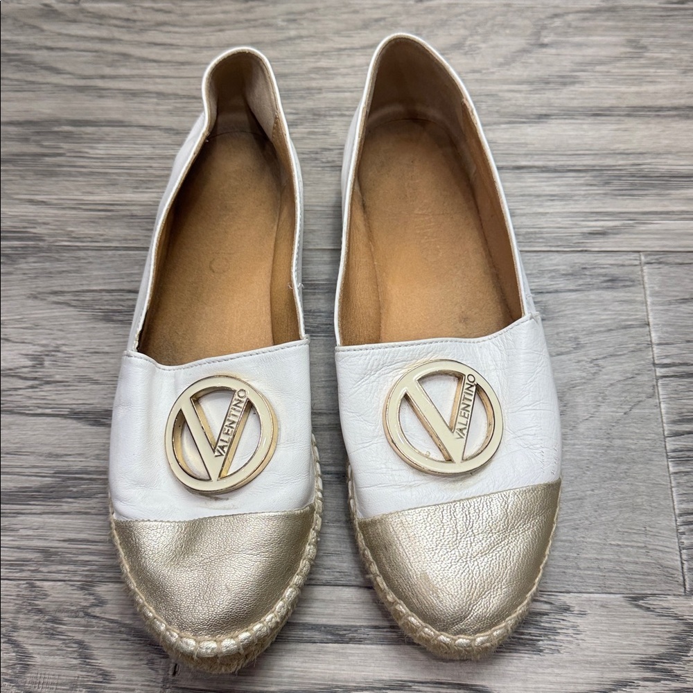Valentino White and Gold Logo Espadrilles